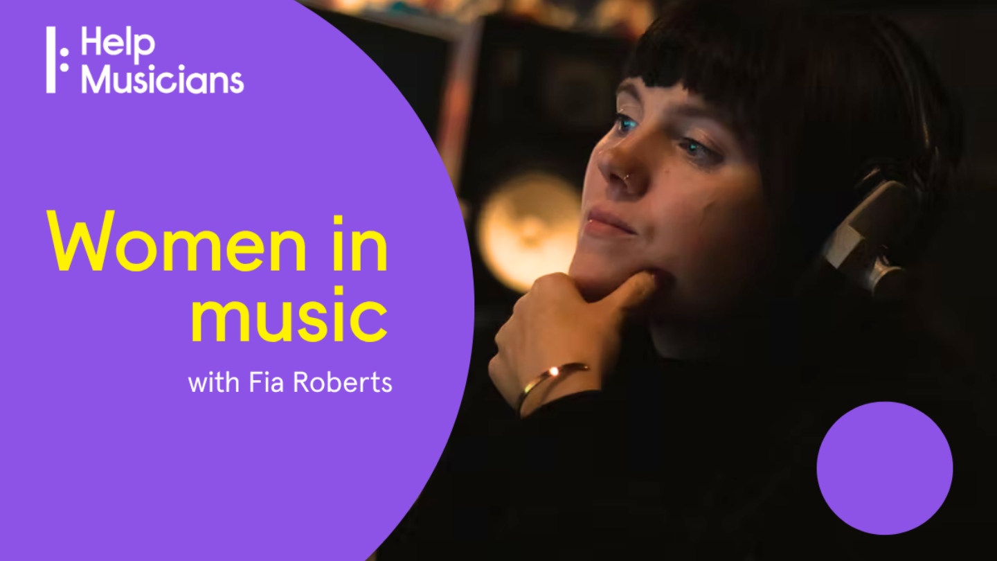 Fia Roberts wearing headphones, resting her chin on her hand, with “Women in Music” text over a purple half-circle graphic.