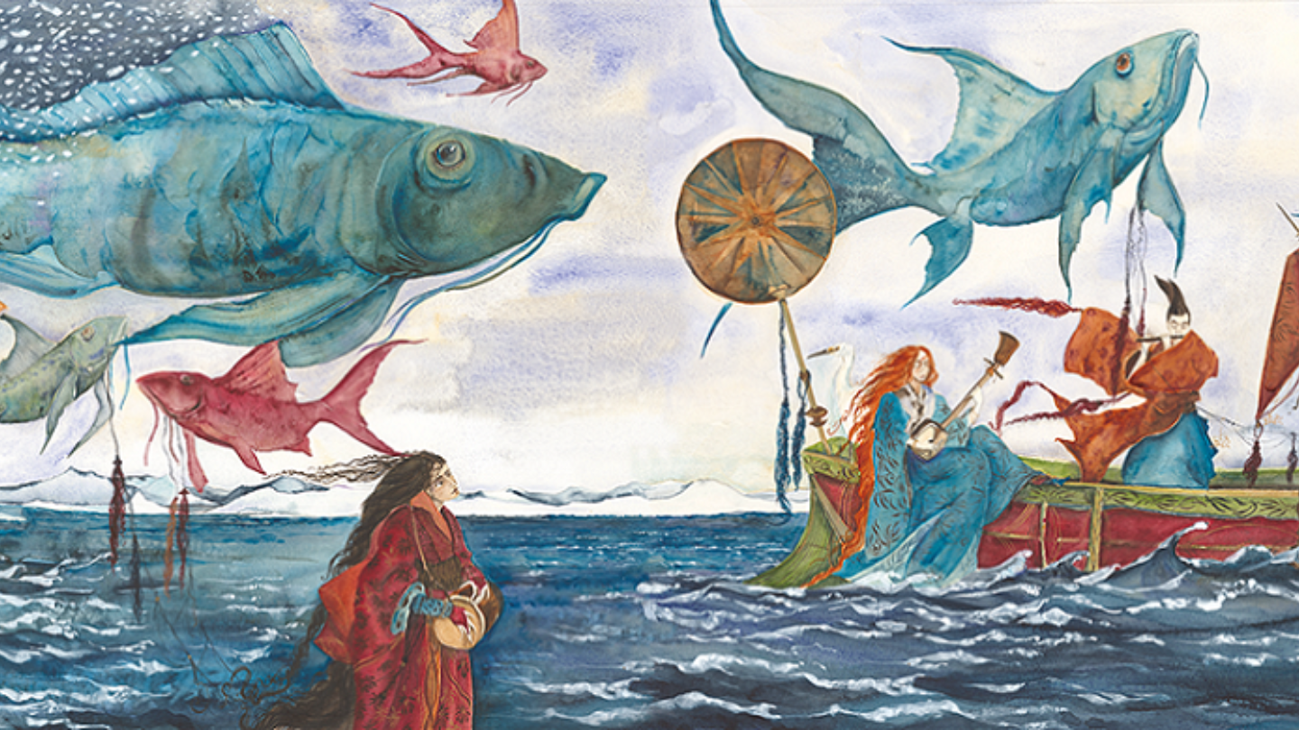 An illustration by Jackie Morris of a boat on the ocean surrounded by fish and musicians