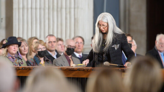 Dame Evelyn Glennie playing the glockenspiel in front of an audience