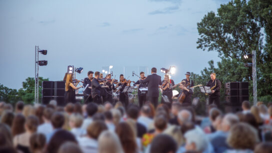 A small orchestra in front of the sky and trees plays to a large outdoor audience